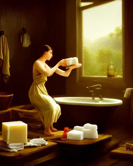 Image similar to soap is washed by a person, studio shooting style, professional photographer, many details, super realistic, high quality, 8 k, realistic, hyper detail, dynamic, in albert bierstadt style