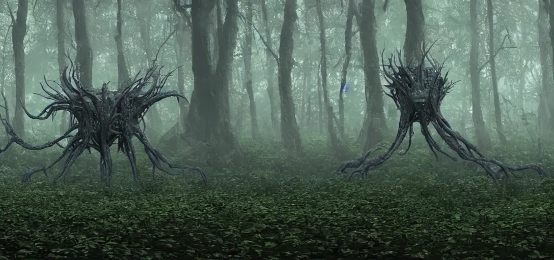 Image similar to a complex organic fractal 3 d metallic symbiotic ceramic humanoid megastructure eldritch horror creature in a swampy lush forest, foggy, cinematic shot, photo still from movie by denis villeneuve