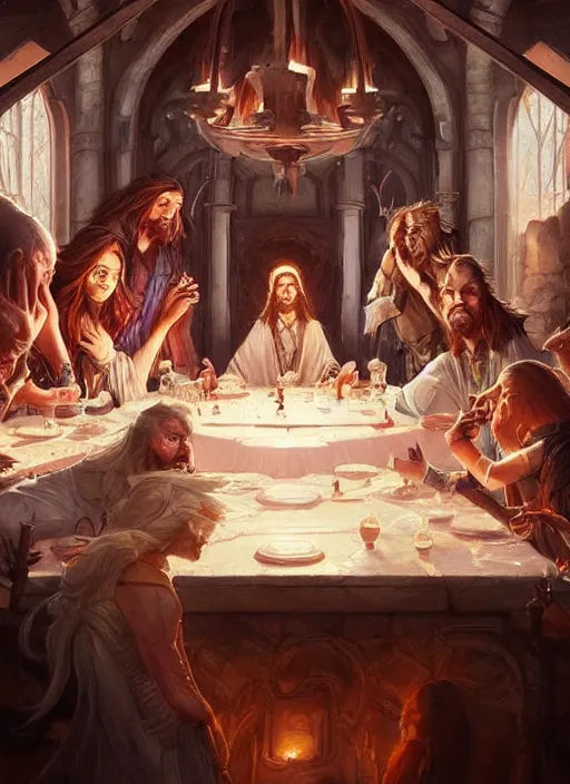 Image similar to the last supper beautiful painting by arthur addams and greg rutkowski and don bluth, highly detailed, illustration, epic, fantasy, intricate, hyper detailed, artstation, concept art, smooth, sharp focus, ray tracing