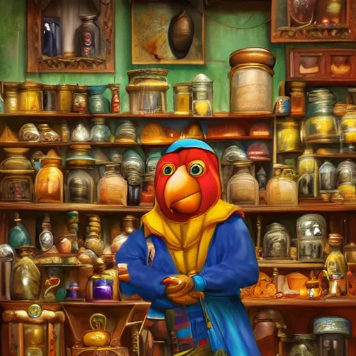 Image similar to Anthropomorphized parrot trader in his shop, shelves full, selling a gem, portrait, items, magic potions, carpet, window, sly expression , cunning expression, cute expression, presenting magic gem, D&D, fantasy, cinematic lighting, highly detailed, digital painting, artstation, concept art, smooth, sharp focus, illustration, warm light, cozy warm tint, magic the gathering artwork, volumetric lighting, 8k, no gold, no gold colours, art by Akihiko Yoshida, Greg Rutkowski