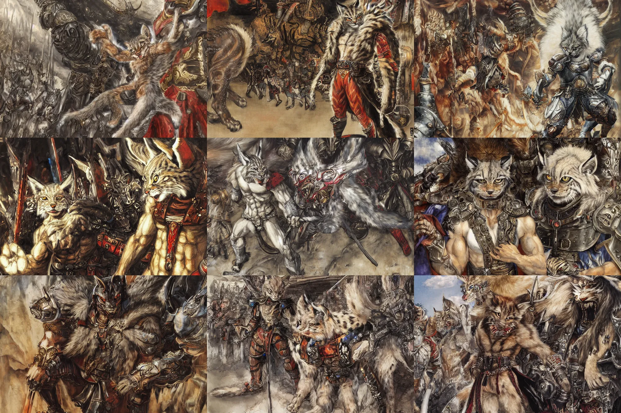 Image similar to 8k Yoshitaka Amano painting of upper body of a young cool looking lynx beast-man with white mane at a medieval market at windy day. Depth of field. He is wearing complex fantasy armors. He has huge paws. Renaissance style lighting.