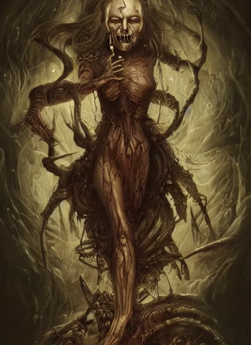 Prompt: a horror tarot card design with intricate details of soul leaving the body :: bastien lecouffe deharme