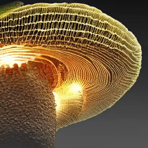 Prompt: beautiful roud mushroom cap is an alien ship, bottom view, luminous lamellae are clearly visible, no stipe, black background, d&d, epic composition