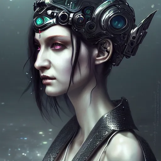 Image similar to cyberpunk robotic dark elvish queen, diadem on the head, black tears, extremely detailed, hyperrealistic, intricate, soft light, fantasy, digital painting, art station, perfect faces, fine details, by wlop