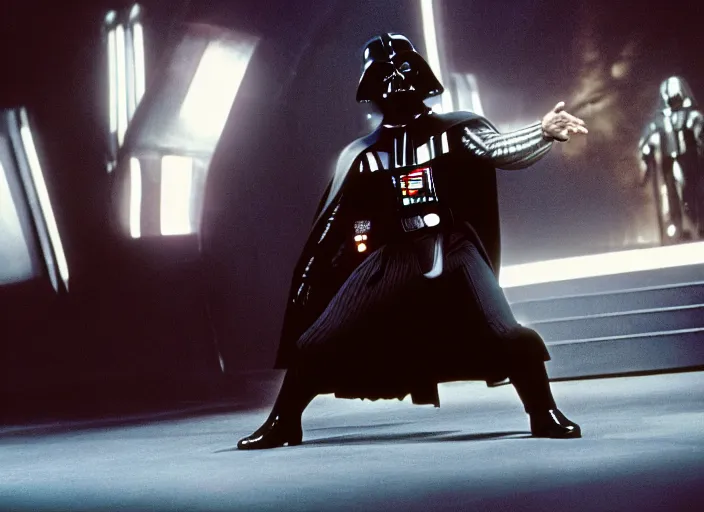 Image similar to film still of Darth Vader posing just like John Travolta on the cover of Saturday Night Fever, 4k