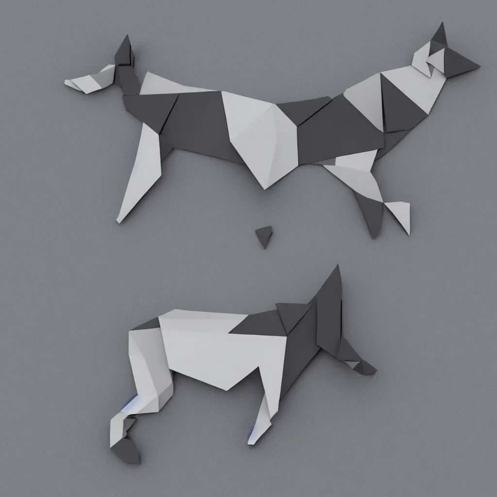 Image similar to 3 d render of chinese tangram of german shepherd figure made of dark gray pieces on light gray background, 2 d image