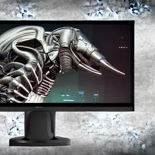 Prompt: a giantic retrofuturistic monitor made by elephant heads, a digital music sheet displayed in the screen, futuristic, cyberpunk, xenomorphic, biomechanical, posthuman, liminal, realistic, ultra detailed, 8 k, cycles render engine, chromatic aberration, dof