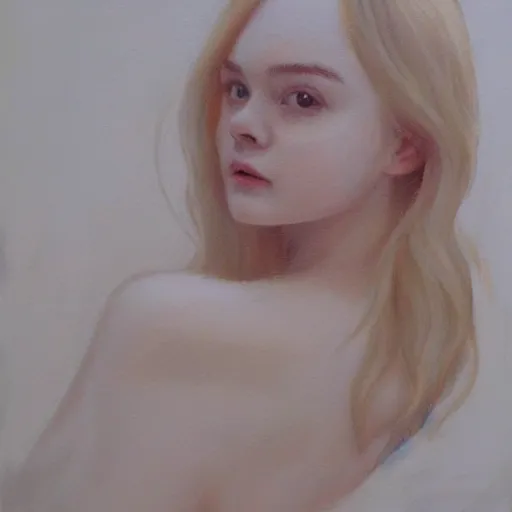 Image similar to Painting of Elle Fanning underwater, long blonde hair, delicate, pale milky white porcelain skin, by Oda Sonderland. 8K. Extremely detailed.