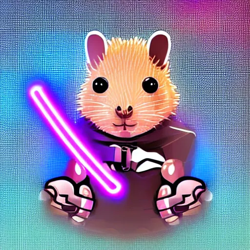 Image similar to cyberpunk hamster! holding rainbow! gem! crystal, neon lights, light reflection, logo, 8 k, hd