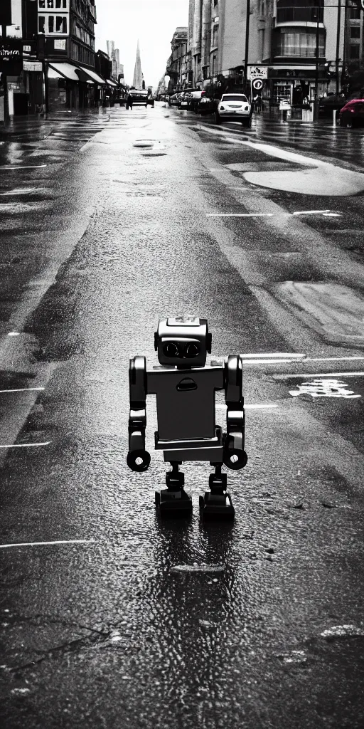 Image similar to robot on the road, city, photo, rain,