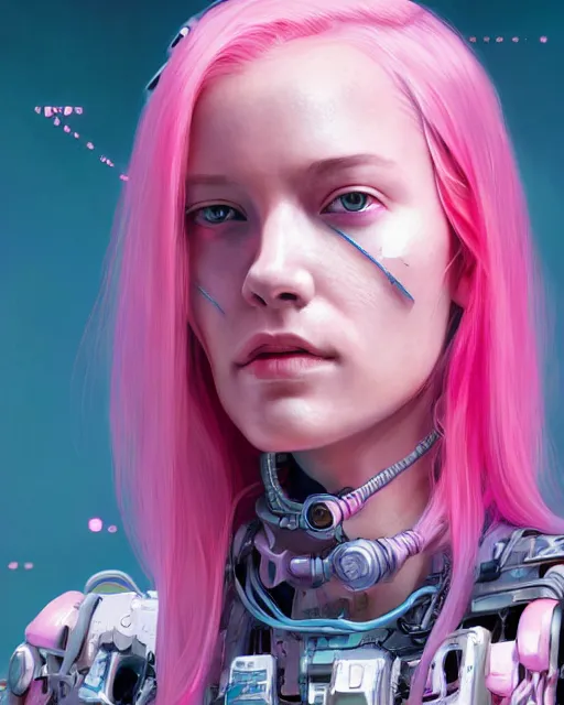 Prompt: portrait of a beautiful woman with pink hair as a cyberpunk cyborg, sci - fi, missing panels, intricate abstract upper body intricate artwork, by tooth wu, wlop, beeple, dan mumford. concept art, octane render, deviantart, greg rutkowski, cinematic, key art, hyperrealism, iridescent accents