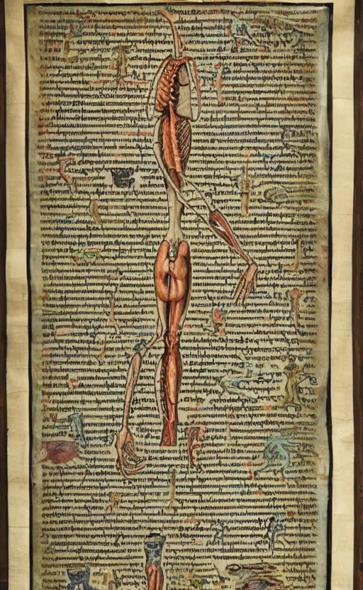 Image similar to educational wall scroll of alien anatomy, medieval scripture