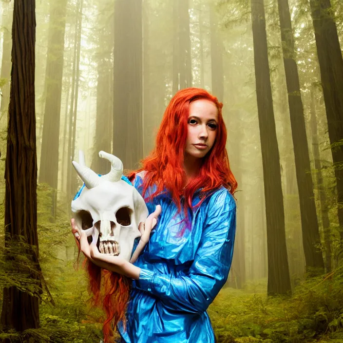 Image similar to a color photograph, closeup portrait of a woman wrapped in plastic, holding a unicorn skull, in a foggy redwood forest, color photograph, by vincent desiderio, canon eos c 3 0 0, ƒ 1. 8, 3 5 mm, 8 k, medium - format print