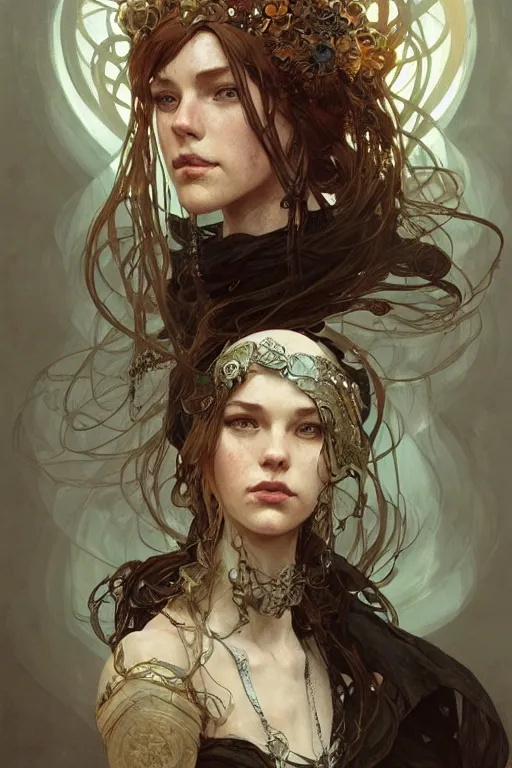 Image similar to A full portrait of a beautiful post apocalyptic celtic blind soothsayer, intricate, elegant, highly detailed, digital painting, artstation, concept art, smooth, sharp focus, illustration, art by Krenz Cushart and Artem Demura and alphonse mucha