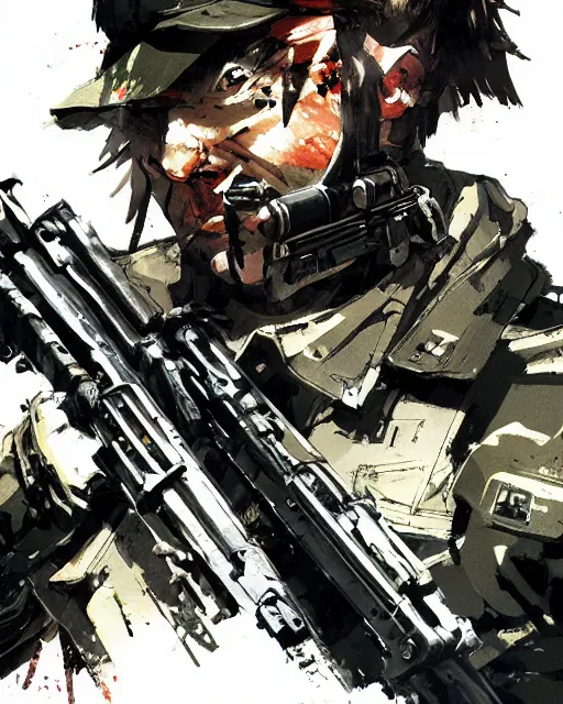 Prompt: a soldier wielding a machine gun, concept art, artstation, trending, highly detailed, smooth, focus, art by yoji shinkawa