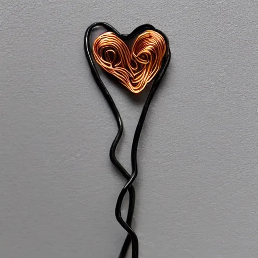 Image similar to a very beautiful tiny organic sculpture in the shape of a ( ( ( ( human heart ) ) ) )!!!!!!!!!!!!!!!!!!!!!!!!! made of copper wire and threaded pipes, very intricate, curved. studio lighting, high resolution, high quality, black background