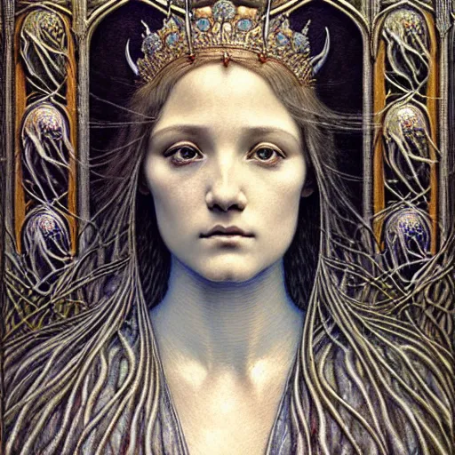 Image similar to detailed realistic beautiful young medieval queen face portrait by jean delville, gustave dore and marco mazzoni, art nouveau, symbolist, visionary, gothic, pre - raphaelite, art forms of nature by ernst haeckel, memento mori by zdzisław beksinski, horizontal symmetry