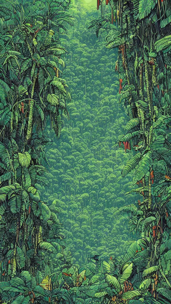 Image similar to a dense amazon rainforest jungle by dan mumford