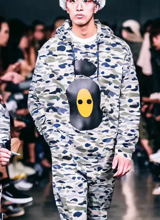 Prompt: hyperrealistic and heavy detailed bape avant garde runway show of korbin dallas the fifth element, leica sl 2 5 0 mm, vivid color, high quality, high textured, real life