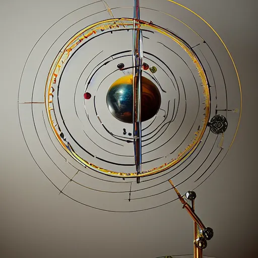 Image similar to a kinetic sculpture of this solar system, sun, orrery, canon 5 d 5 0 mm lens, papier - mache, studio, circa 2 0 1 2