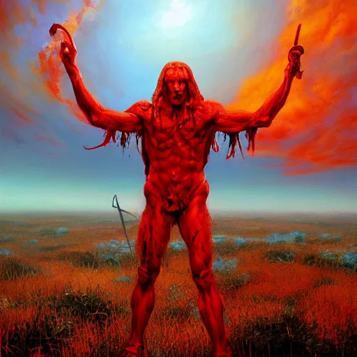 Image similar to realistic painting of a red bloody satanic figure standing in the middle of heaven by michael whelan, ultra realistic, 8 k, trending on artstation, octane renderer, mesmerizing, aesthetic, beautiful