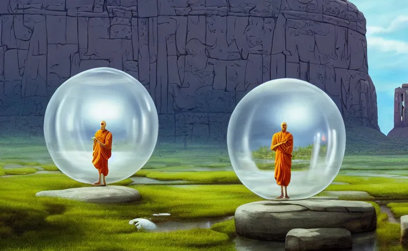 Prompt: a scary hyperrealist painting of an indian monk in a giant transparent bubble from howl's moving castle ( 2 0 0 4 ) in a flooded monument valley stonehenge jungle. depth perception, 4 k, artstation, in the style of studio ghibli