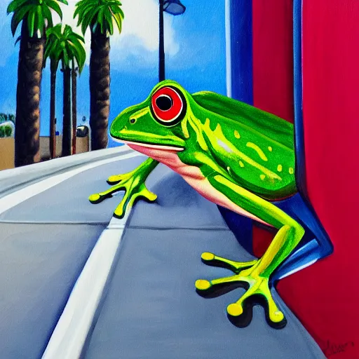 Image similar to painting of a bipedal frog walking away from the camera, down a busy street in los angeles, street vendors, palm trees,