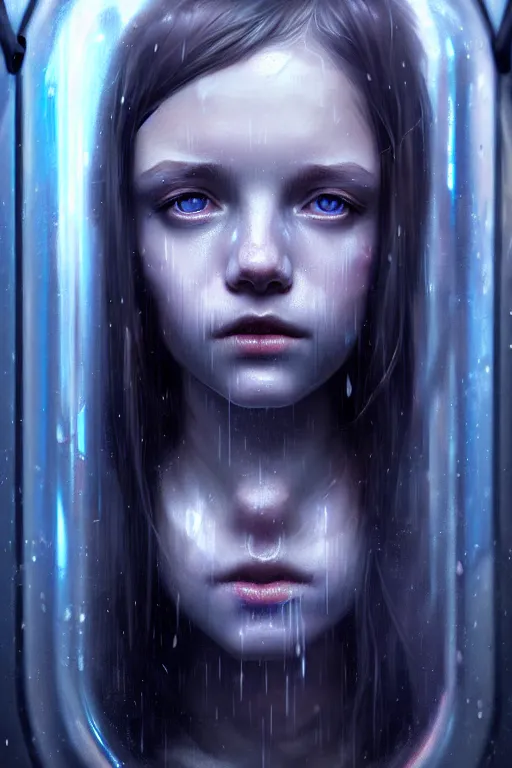 Prompt: a young, slender girl in cryocapsule container, freezing, hyperrealistic face, beautiful eyes, fantasy art, in the style of greg rutkowski, intricate, hyperdetalized, smooth, cyberpunk, tech