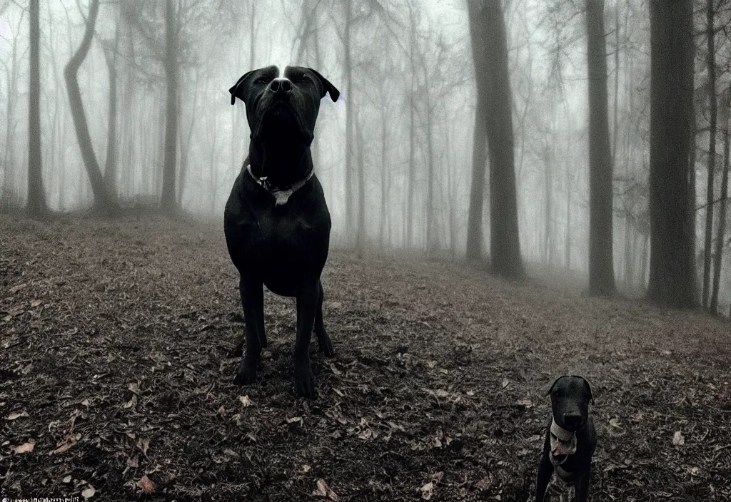 Prompt: low quality iphone photo of a cute pitbull standing ominously deep in the foggy woods with a demonic smile in his face, low visibility, grainy, creepy