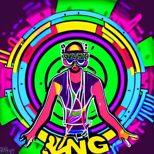 Image similar to svg sticker of a Dancing-Alex-Grey-Psychedelic-Rave-Man, at a rave, spinning records, giant headphones rocking out, wearing headphones, huge speakers, dancing, rave, DJ, spinning records, digital art, amazing composition, rule-of-thirds, award-winning, trending on artstation, featured on deviantart