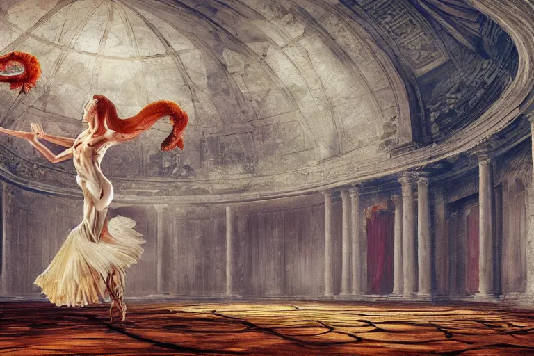 Image similar to a beautiful painting of a domed decaying ballroom, rot and vines everywhere, in center an elegant dancer on flamingo legs, by salvador dali, artstation, dramatic lighting