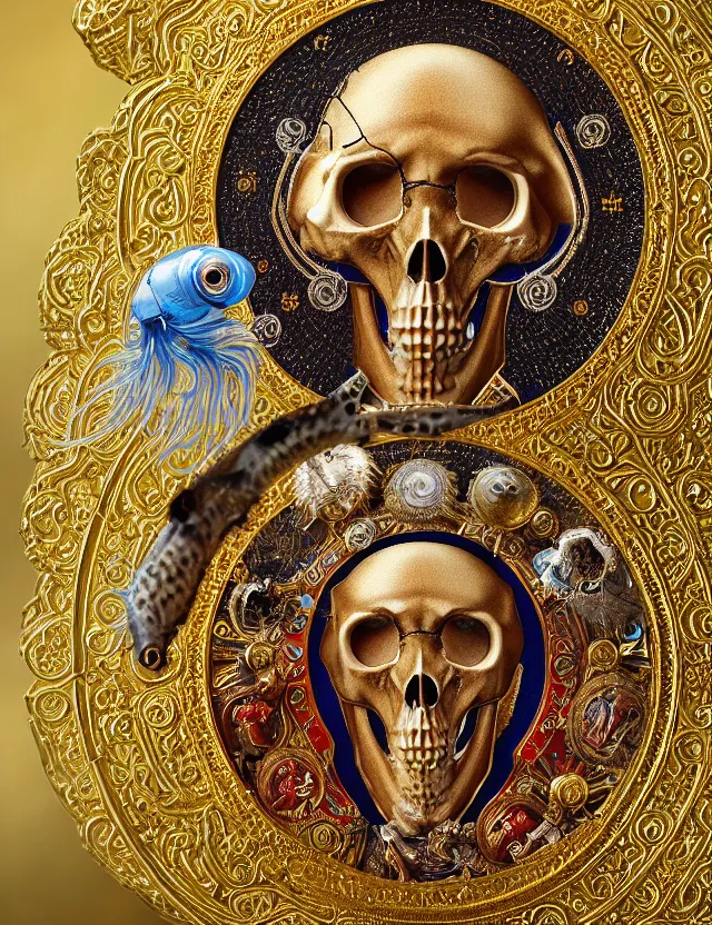 Image similar to russian orthodox icon macro close - up portrait with mask made of ram skull. betta fish, jellyfish phoenix, bioluminiscent, plasma, ice, water, wind, creature, super intricate ornaments artwork by tooth wu and wlop and beeple and greg rutkowski