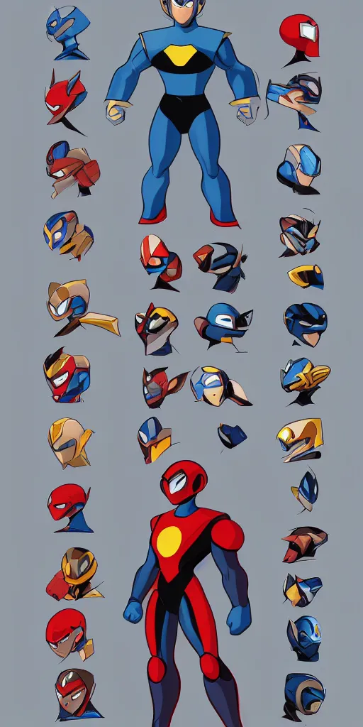 Image similar to superhero character concept based on megaman, ultra detailed, portrait, coherent, symmetry, trending on artstation, character concept, by marvel