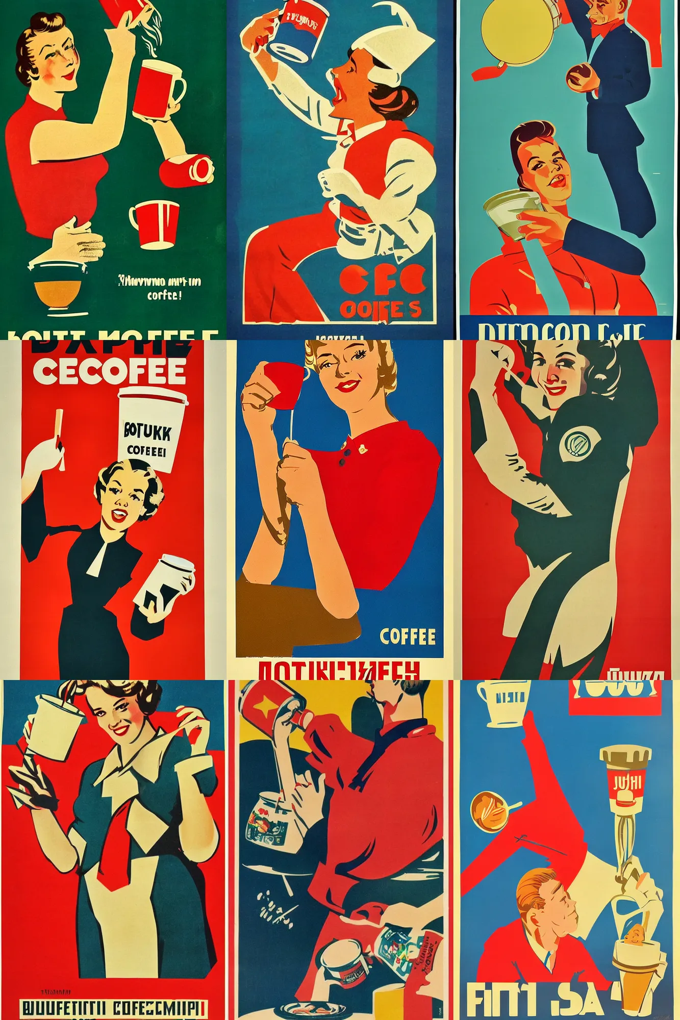 Prompt: soviet propaganda poster, Drink more coffee, full colour print, vintage colours, 1950s