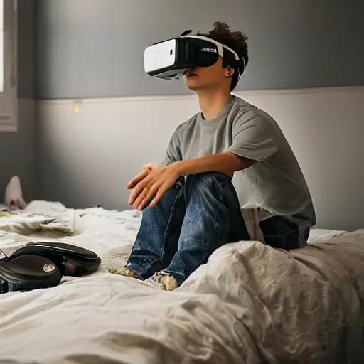 Prompt: A teenage caucasian boy wearing a VR-headset sitting on his messy bed, the room is very small with a lot of junk laying around. The dim room is lit by a bright light escaping from the VR-headset. dim lighting, award-winning