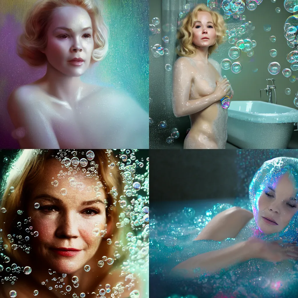 Prompt: Tuesday Weld in a bubble bath full of iridescent soapy bubbles by WLOP, detailed, hd, 4k, 8k, high res,
