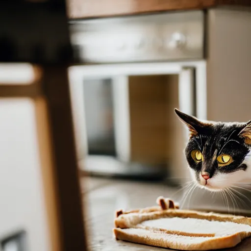 Image similar to a cat makes a ham sandwich in a kitchen, 85mm f1.8