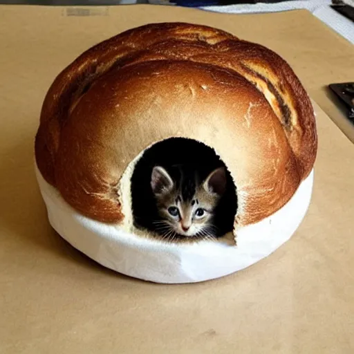 Image similar to kitten living inside a bread, hyper detailed