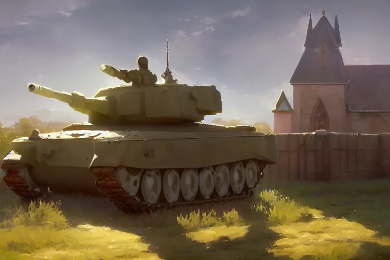 Prompt: a tank with a church instead a gun plattform, scene in an open field. key visual, conceptart, ambient lighting, highly detailed, digital painting, artstation, concept art, sharp focus, by makoto shinkai and akihiko yoshida and greg manchess