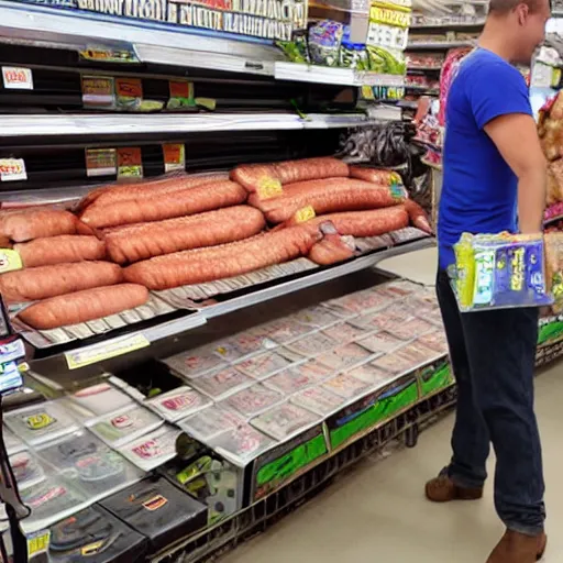 Image similar to photo of a pig shopping for sausages in WalMart