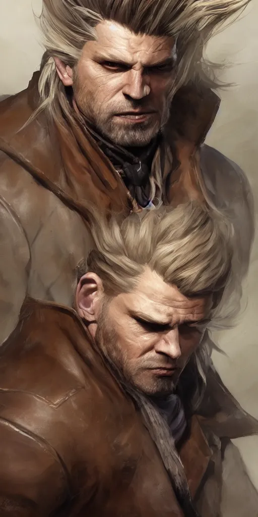 Prompt: portrait of a muscular, grim, ponytail haired blonde man in his late 30's, wearing a thick brown leather coat, looking to his side, half of the face scarred, hunter, DnD character, fantasy character, digital art by Ruan Jia, Krenz Cushart, Rossdraws and Boris Vallejo