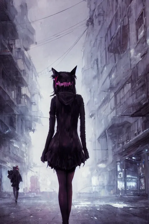 Image similar to woman with cat ears wearing a black lace dress and thigh highs walking in a depressing soviet city, expressive oil painting, digital anime art, highly detailed, character art, by yoshitaka amano, by greg rutkowski, by conrad roset, volumetrics, octane render, rainy street