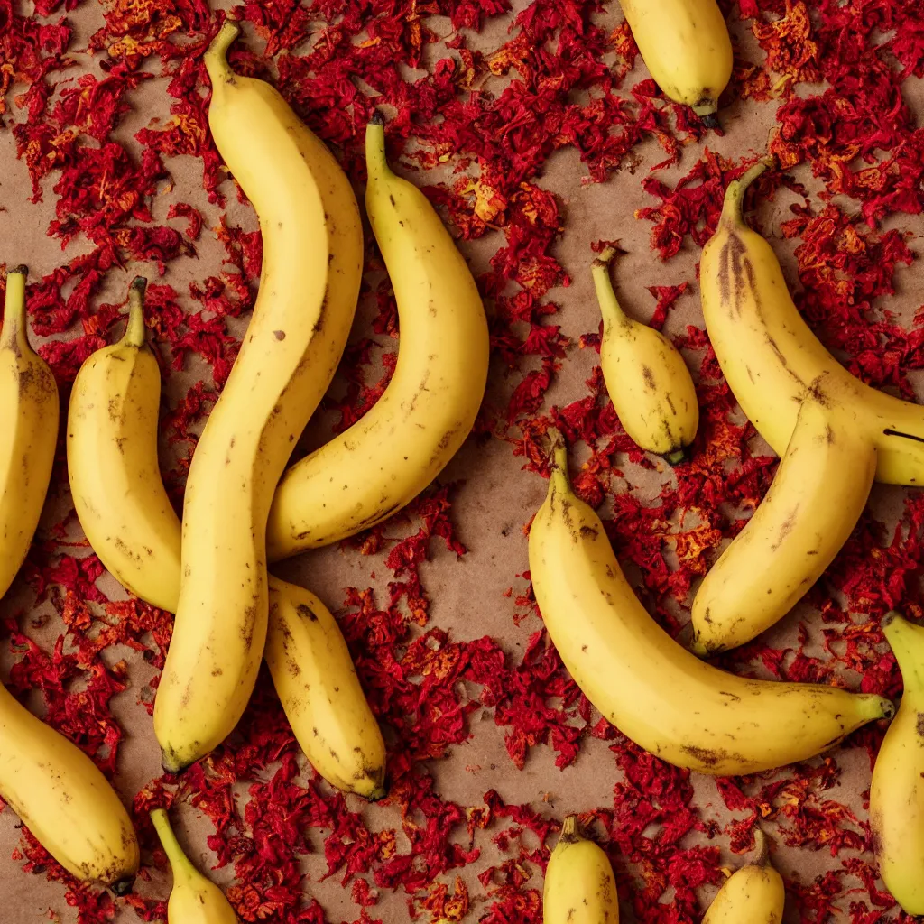 Image similar to fat banana in the shape of dried red pepper and potato flowers, closeup, hyper real, food photography, high quality