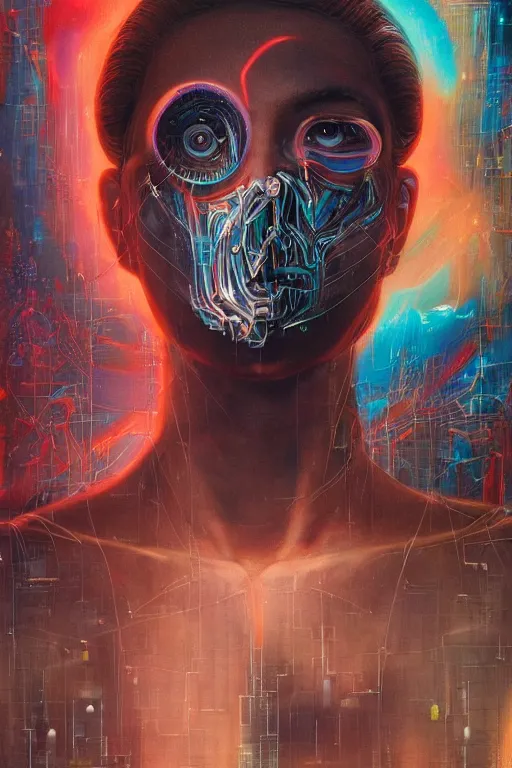 Prompt: portrait of computer & circuits, melting, giorno giovanna, 8 k, by tristan eaton, stanley artgermm, tom bagshaw, greg rutkowski, carne griffiths, ayami kojima, beksinski, giger, trending on deviantart, face enhance, hyper detailed, minimalist, cybernetic, android, blade runner, full of colour, super detailed