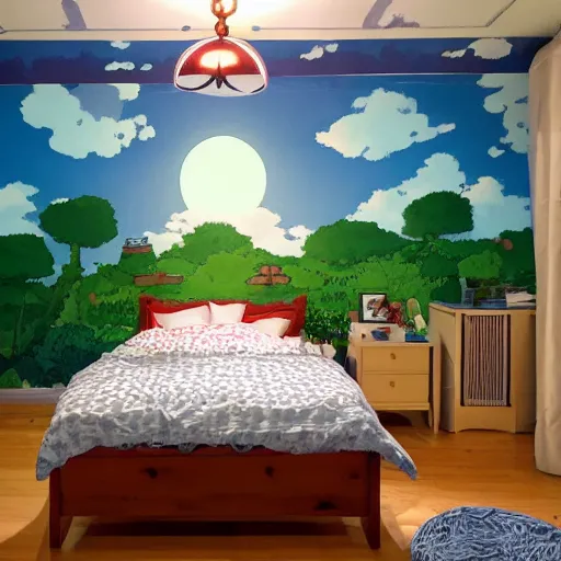 Image similar to a bedroom in the style of studio ghibli