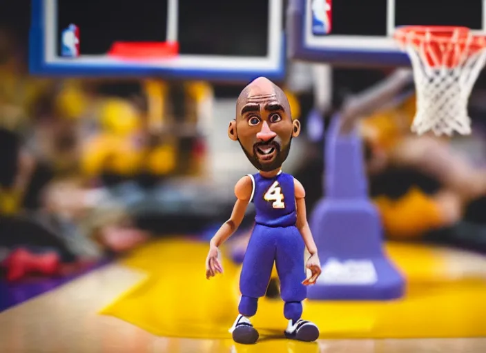 Image similar to cinematic screenshot of a stop motion claymation film about a wacky adventure starring kobe bryant, shallow depth of field, 1 8 mm, f 1. 8