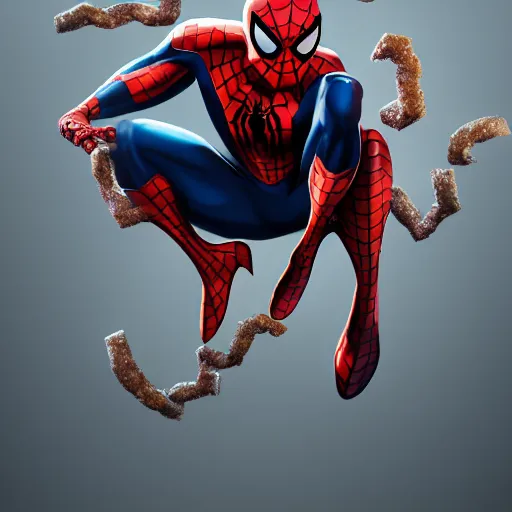 Image similar to spider - man sit on top of big raccoon and eating donuts, action scene, concept art, trending on artstation, highly detailed, intricate, sharp focus, digital art, 8 k