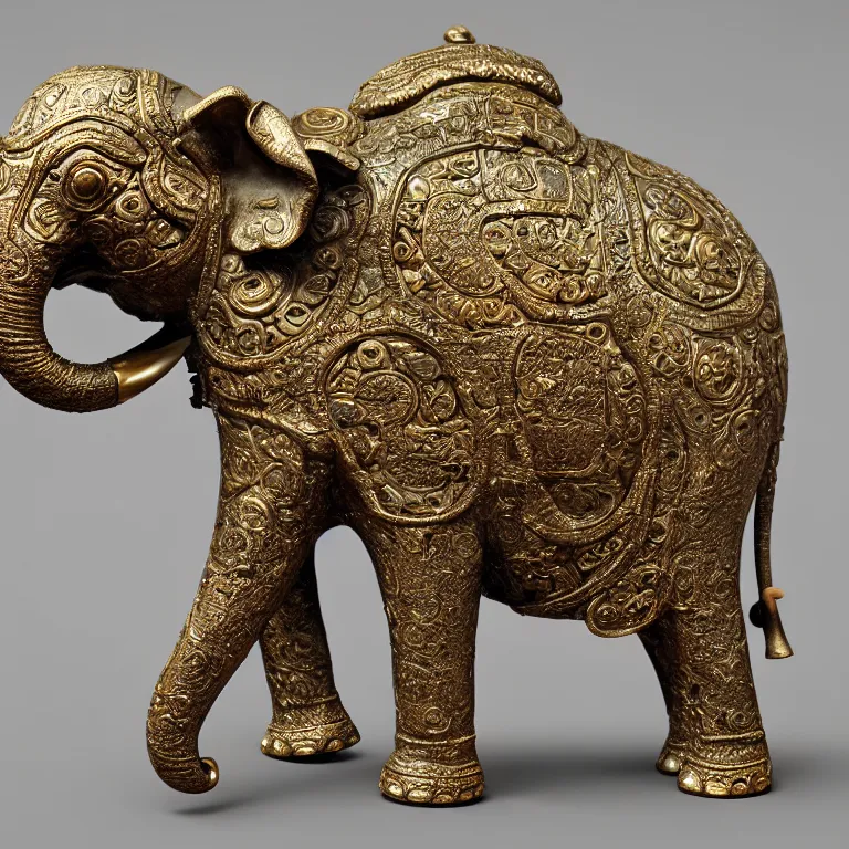 Prompt: highly detailed ancient artifact depicting an elephant made of bronze and ivory and encrusted with precious jewels, patina, ethereal, esoteric, zbrush sculpt, octane render, intricate, ornate, cinematic lighting