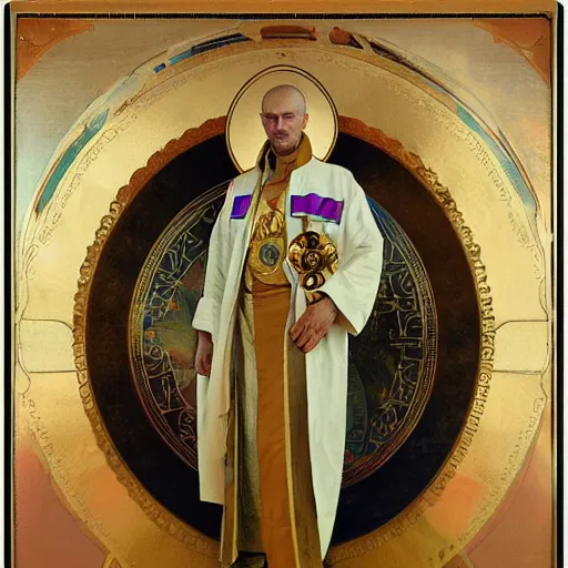 Image similar to painting of russian orthodox astronaut priest with gold visor by alphonse mucha, greg rutkowski, and bekzinski