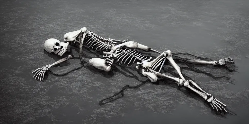 Image similar to skeleton lying in a puddle of mercury, pipe sticking out of the lake, fantasy, digital art, trending on artstation